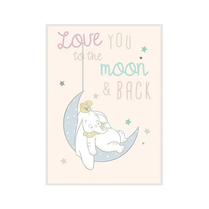 Komar Disney Edition 4 Poster Dumbo Moon - Disney, B x H: 40 x 50 cm - Dumbo-Wandkunst: Ein süßer Dumbo schläft auf dem Mond, umgeben von Sternen. Niedliches Design mit der Aufschrift "Love You to the Moon and Back".
