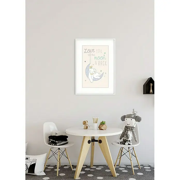 Komar Disney Edition 4 Poster Dumbo Moon - Disney, B x H: 40 x 50 cm - Ein gerahmtes "Love You To The Moon & Back"-Poster mit einem niedlichen Hasen, der auf dem Mond schläft, perfekt für ein Kinderzimmer.