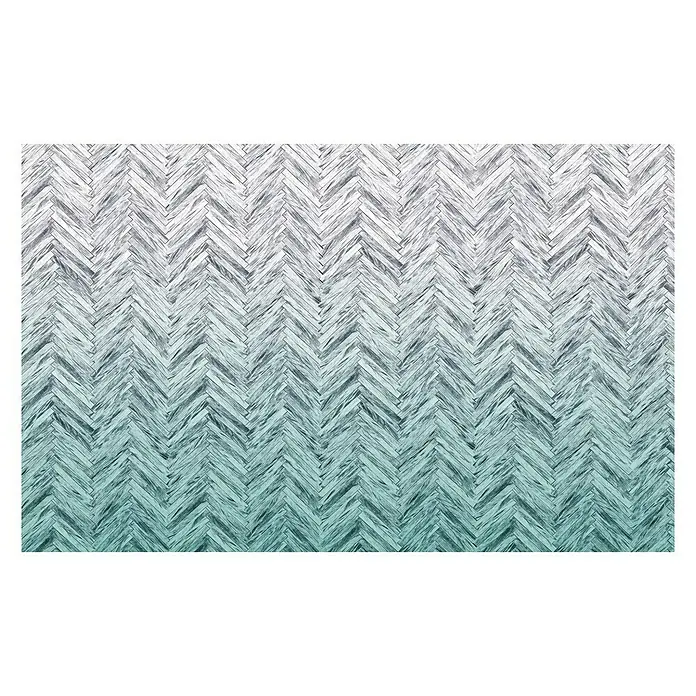 Komar Infinity Fototapete Herringbone Mint - 4 -tlg., B x H: 400 x 250 cm, Vlies - Dieses Bild zeigt einen strukturierten, türkisfarbenen und weißen Chevron-Holzboden, der eine elegante und moderne Ästhetik vermittelt.