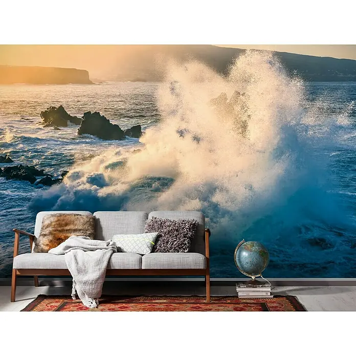 Komar Stefan Hefele Edition 1 Fototapete Exploding Elements - 3 -tlg., B x H: 300 x 200 cm, Vlies - Wandbild mit Ozeanmotiv, das eine beeindruckende Welle zeigt, die auf Felsen trifft, ideal für Wohnräume und Büros zur Dekoration.