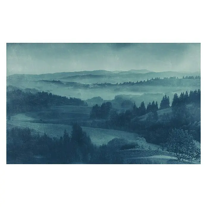 Komar Pure Fototapete Twilight - 4 -tlg., B x H: 400 x 250 cm, Vlies - Malerische Darstellung einer hügeligen Waldlandschaft im Morgennebel, die eine friedliche und ruhige Atmosphäre ausstrahlt.