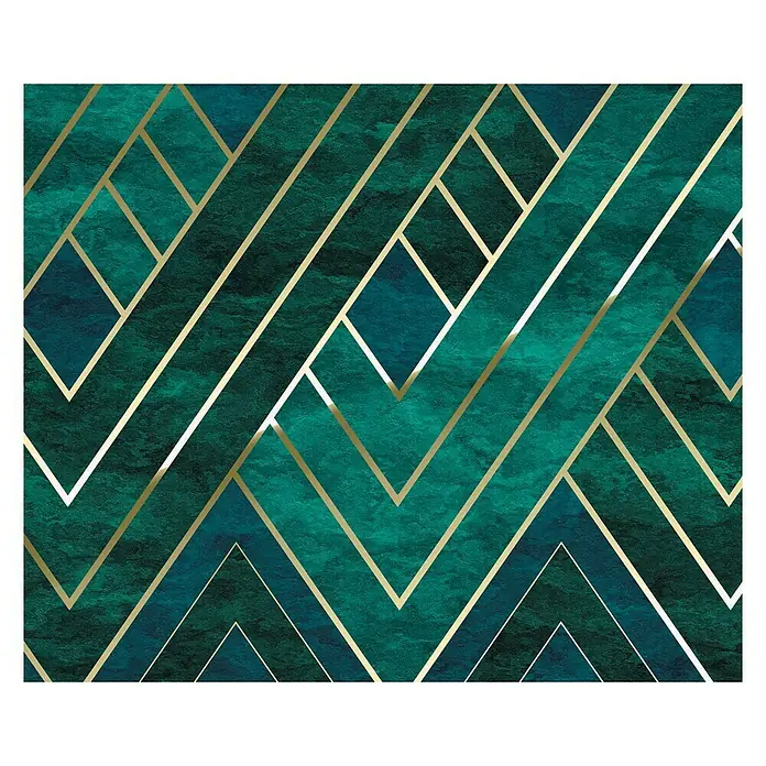 Komar Pure Fototapete Artdeco - 3 -tlg., B x H: 300 x 250 cm, Vlies - Abstraktes, geometrisches Muster in Smaragdgrün und Gold, ideal für moderne Designs und Wandkunst.