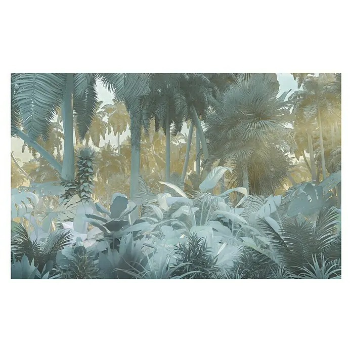 Komar Pure Fototapete Misty Jungle - 4 -tlg., B x H: 400 x 250 cm, Vlies - Detailansicht üppiger tropischer Vegetation mit hoch aufragenden Palmen und üppigem, schattenreichem Unterholz.
