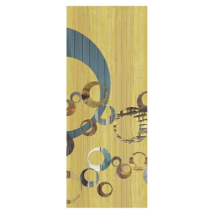 Komar Infinity Fototapete United Panel - 1 -tlg., B x H: 100 x 250 cm, Vlies - Abstraktes Kunstwerk mit Kreisen und Holztexturen auf gelbem Hintergrund, das ein modernes und stilvolles Design zeigt.