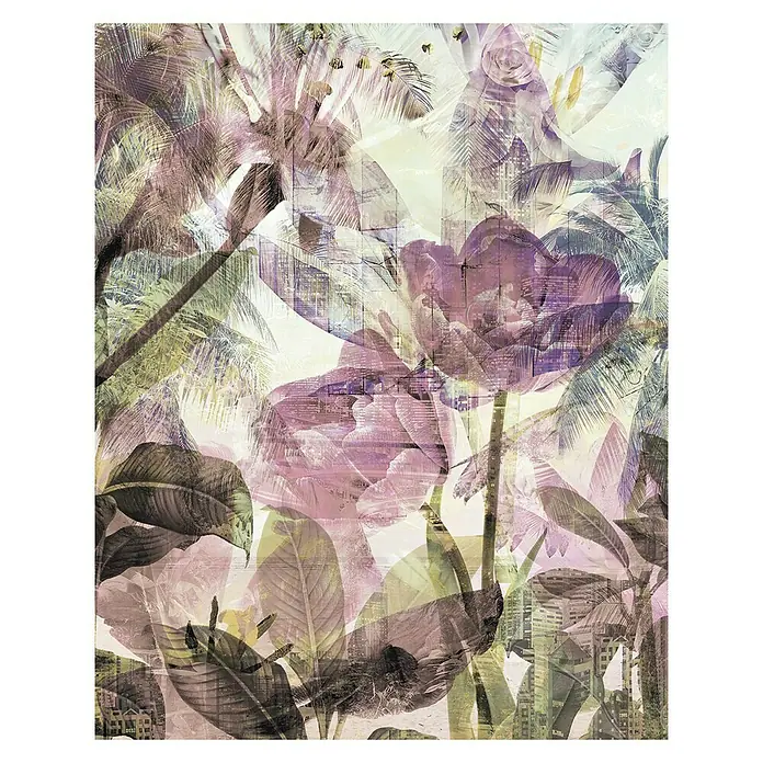 Komar Infinity Fototapete Metropical Faded - 2 -tlg., B x H: 200 x 250 cm, Vlies - Tropische Impressionen: Ein abstraktes Kunstwerk mit Palmen, Blumen und Stadtelementen, das exotische Natur mit urbanem Flair verbindet.