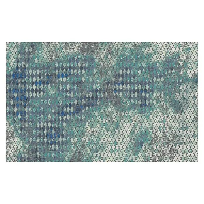 Komar Infinity Fototapete Harlekin - 4 -tlg., B x H: 400 x 250 cm, Vlies - Detailaufnahme eines Teppichs mit einem geometrischen Rautenmuster in Blau- und Türkistönen. Der Teppich hat eine leicht verwaschene Textur.