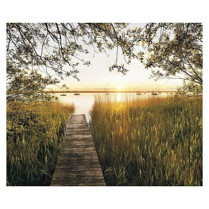 Komar Stefan Hefele Edition 1 Fototapete Lakeside - 3 -tlg., B x H: 300 x 250 cm, Vlies - Sonnenuntergang über dem See mit Holzsteg und Schilf, eine friedliche Szene.