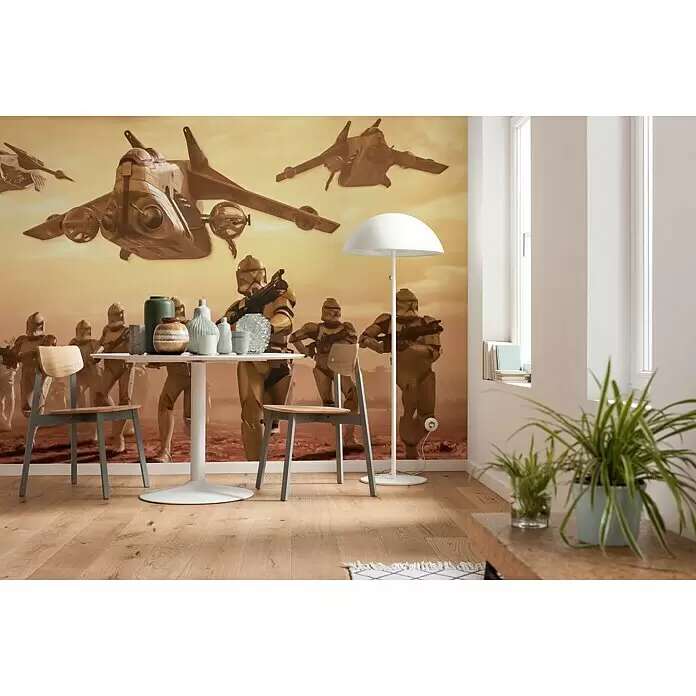 Komar Star Wars Fototapete Clone Trooper - 4 -tlg., B x H: 400 x 260 cm, Vlies - Große Wandtapete mit Star Wars Klonkriegern und Republikanischen Kanonenschiffen verwandelt ein Esszimmer mit minimalistischen Möbeln.