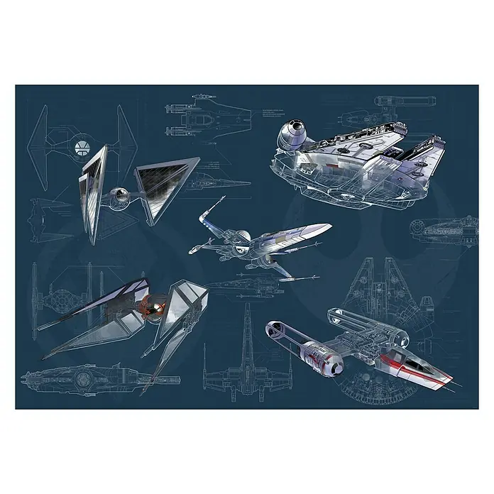 Komar Star Wars Fototapete Blueprint Dark - 8 -tlg., B x H: 400 x 280 cm, Vlies - Star Wars Raumschiffe Bauplan. Illustration verschiedener Star Wars Raumschiffe auf blauem Hintergrund mit technischen Zeichnungen.