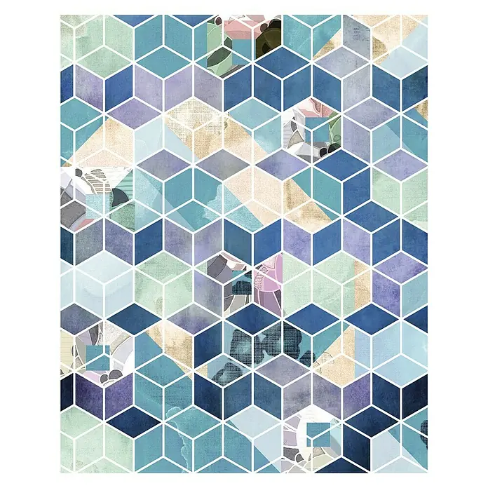 Komar Pure Fototapete Geometric Blue - 2 -tlg., B x H: 200 x 250 cm, Vlies - Abstraktes Würfelmuster in Blau- und Lilatönen mit weißen Linien, das ein modernes und künstlerisches Flair verleiht.