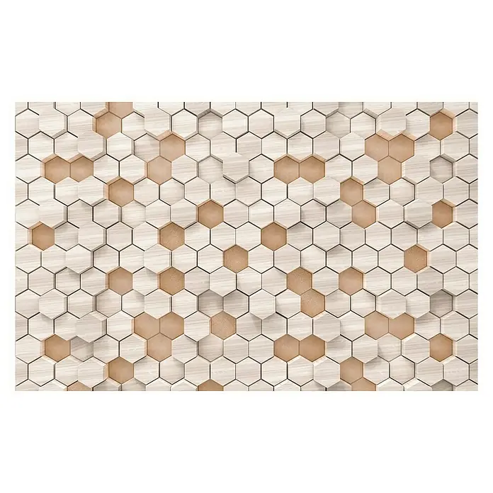 Komar Infinity Fototapete Woodcomb Nude - 4 -tlg., B x H: 400 x 250 cm, Vlies - Das Bild zeigt ein attraktives 3D-Wandpaneel mit einem modernen hexagonalen Design in Holzoptik und braunen Akzenten für stilvolle Innenräume.