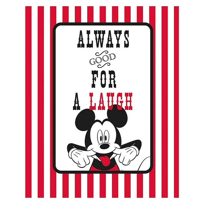 Komar Disney Edition 4 Poster Mickey Mouse Laugh - Disney, B x H: 40 x 50 cm - Bild von Mickey Mouse mit dem Schriftzug "Always Good For A Laugh" auf rotem und weißem Streifenhintergrund.