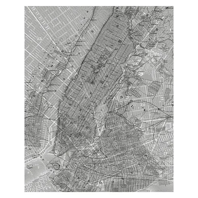 Komar Pure Fototapete NYC Map - 2 -tlg., B x H: 200 x 250 cm, Vlies - Historische Karte von New York City im Schwarz-Weiß-Stil, die die Straßen und Stadtteile der Metropole zeigt.