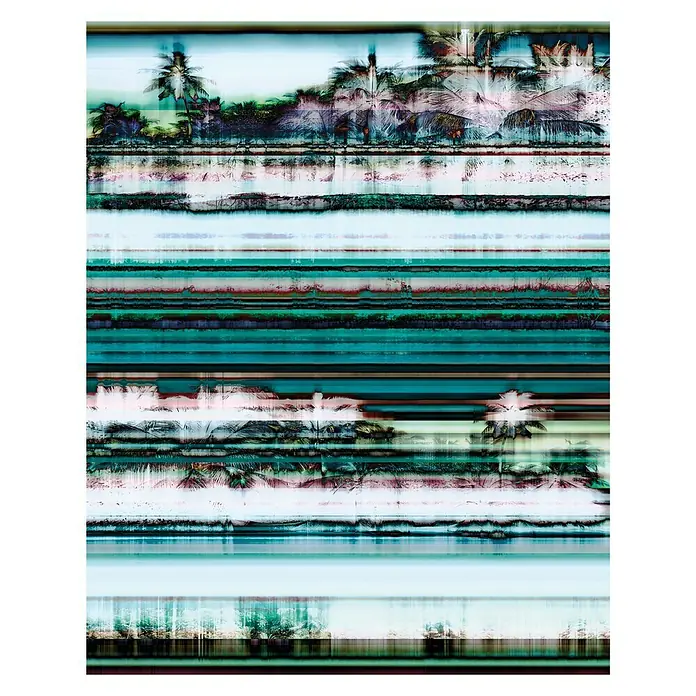 Komar Pure Fototapete Miami Radio - 8 -tlg., B x H: 200 x 250 cm, Vlies - Abstraktes Gemälde mit tropischen Palmen und lebendigen, horizontalen Streifen, das einen modernen und dynamischen visuellen Effekt erzeugt.