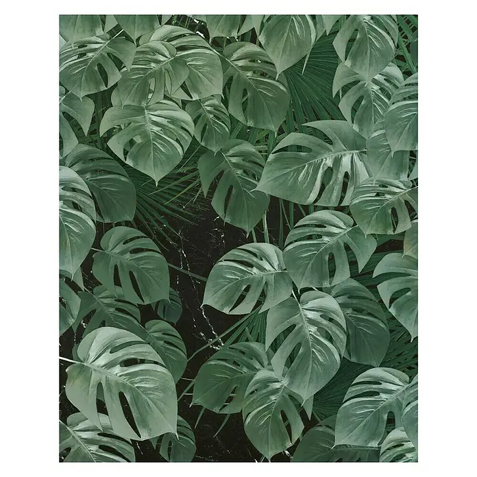 Komar Pure Fototapete Monstara on Marble - 2 -tlg., B x H: 200 x 250 cm, Vlies - Üppiges grünes Blätterwerk mit Monstera und Palmblättern. Ein exotisches Naturmotiv für stilvolle Akzente in jedem Raum.