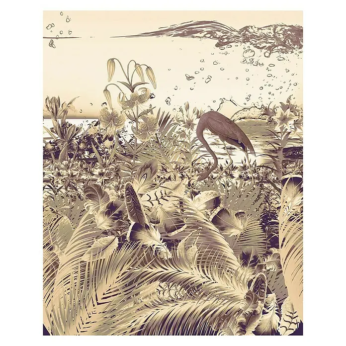 Komar Infinity Fototapete Fantasia Dark - 2 -tlg., B x H: 200 x 250 cm, Vlies - Einzigartiges Kunstwerk mit einem Flamingo in üppiger Flora, unter Wasser mit Blasen und sanften Farbtönen.