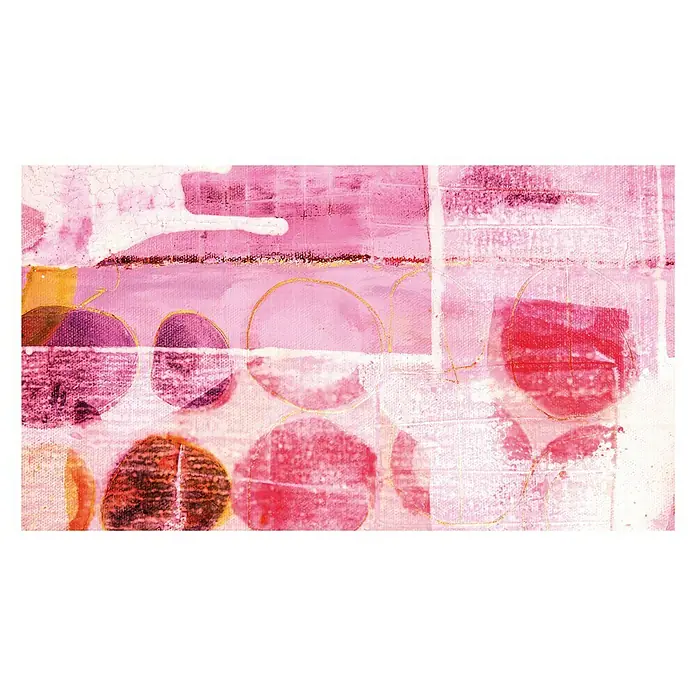 Komar Pure Fototapete Cells Wrapping - 5 -tlg., B x H: 500 x 280 cm, Vlies - Abstraktes Kunstwerk mit rosa und goldenen Kreisen auf Leinwand, das eine moderne und künstlerische Note verleiht.