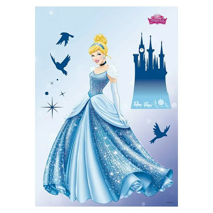 Komar Disney Edition 4 Dekosticker Princess Dream - 10 -tlg., Bunt - Schönes Wandtattoo von Cinderella in ihrem blauen Ballkleid, perfekt für Kinderzimmer. Sie ist umgeben von Vögeln und Sternen, mit dem Schloss im Hintergrund.