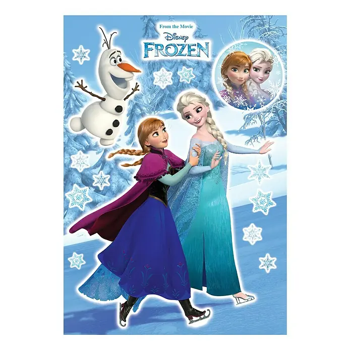 Komar Disney Edition 4 Dekosticker Anna und Elsa - 15 -tlg., Bunt - Ein farbenfrohes Frozen-Poster mit Anna, Elsa und Olaf auf einem verschneiten Hintergrund, ideal für jedes Kinderzimmer.