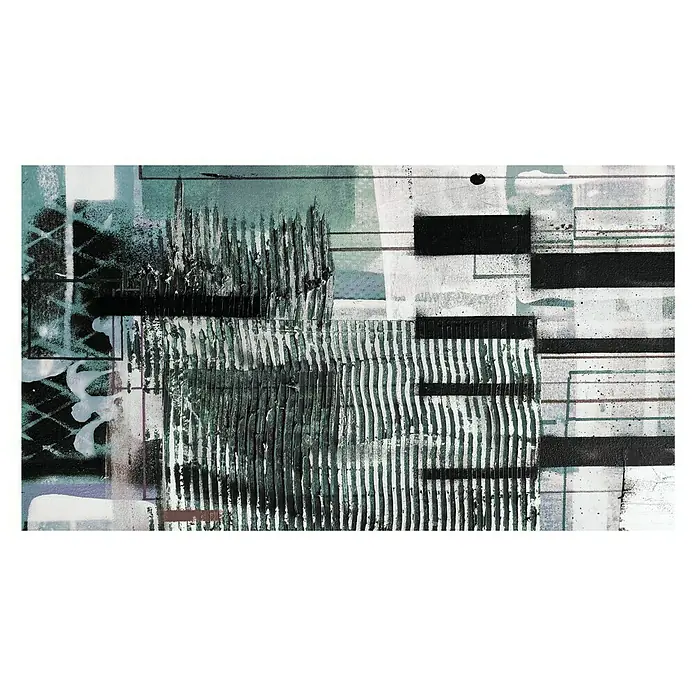 Komar Pure Fototapete Fringe Upswept - 5 -tlg., B x H: 500 x 280 cm, Vlies - Abstraktes Gemälde mit vertikalen Linien, Rechtecken und Graffiti in Schwarz, Weiß und Grün. Einzigartiges Kunstwerk für moderne Wohnräume.