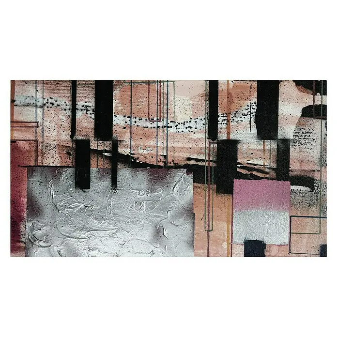 Komar Pure Fototapete Squares Dropping - 5 -tlg., B x H: 500 x 280 cm, Vlies - Abstraktes Gemälde mit strukturierten Flächen, vertikalen Balken & Farbklecksen in Silber, Rosa, Schwarz & Beige. Kunst für moderne Interieurs.
