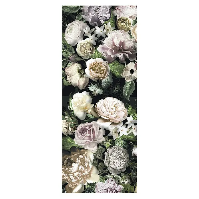 Komar Infinity Fototapete Victoria Black - 1 -tlg., B x H: 100 x 250 cm, Vlies - Elegante Blumendekoration mit Rosen und anderen Blüten in sanften Farben, perfekt für stilvolle Designs und Dekorationen.