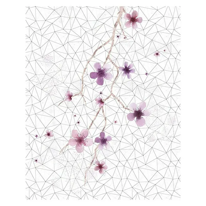 Komar Infinity Fototapete Cherry Tree - 2 -tlg., B x H: 200 x 250 cm, Vlies - Zarter Aquarellblütenzweig mit geometrischem Hintergrund. Ein elegantes Dekorstück für eine ruhige und stilvolle Atmosphäre.
