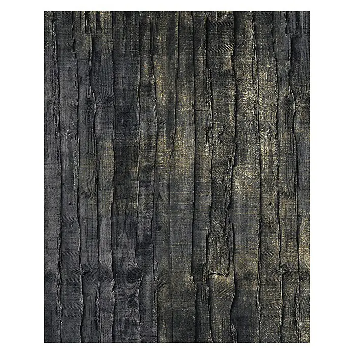 Komar Infinity Fototapete Caress - 2 -tlg., B x H: 200 x 250 cm, Vlies - Nahaufnahme einer dunklen Holzvertäfelung mit ausgeprägter Maserung und goldenen Akzenten, die eine rustikale Textur zeigt.