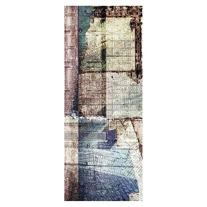 Komar Infinity Fototapete Urban Art Panel - 1 -tlg., B x H: 100 x 250 cm, Vlies - Abstraktes Wandbild mit überlappenden Stadtplänen, die eine Textur aus alten Gebäuden und architektonischen Details erzeugen.