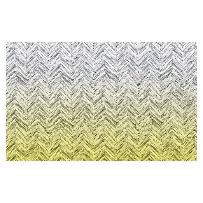 Komar Infinity Fototapete Herringbone Yellow - 4 -tlg., B x H: 400 x 250 cm, Vlies - Fischgrätparkett: Ein stilvoller Holzboden mit gelb-grauem Farbverlauf, der jedem Raum Wärme und Eleganz verleiht. Ideal für moderne und klassische Interieurs.