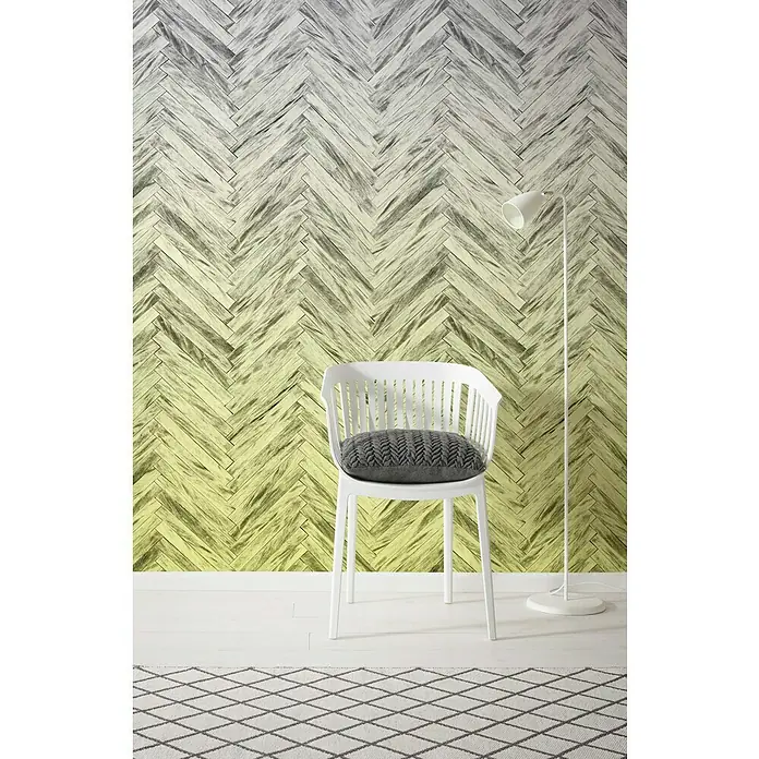 Komar Infinity Fototapete Herringbone Yellow - 4 -tlg., B x H: 400 x 250 cm, Vlies - Elegantes, weißes Armlehnstuhl-Design mit einem grauen Sitzkissen, das Komfort und Stil vereint.