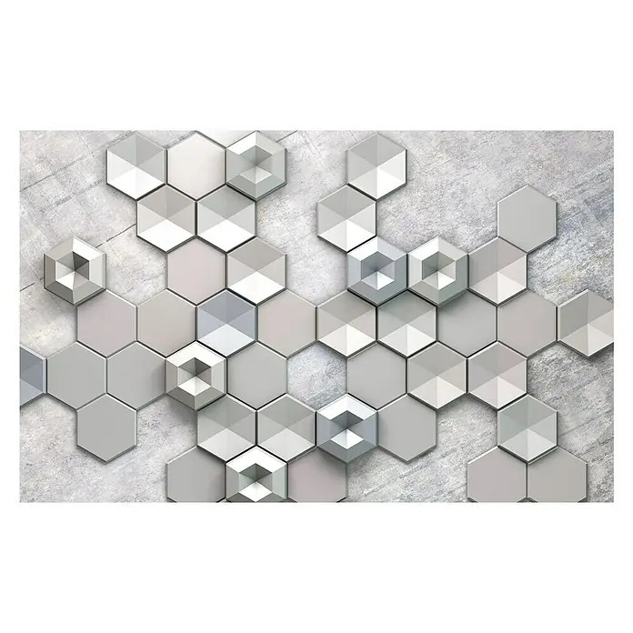 Komar Infinity Fototapete Hexagon Concrete - 4 -tlg., B x H: 400 x 250 cm, Vlies - Ein modernes Wandbild mit einem faszinierenden Muster aus grauen und weißen 3D-Hexagonen vor einem strukturierten Hintergrund.