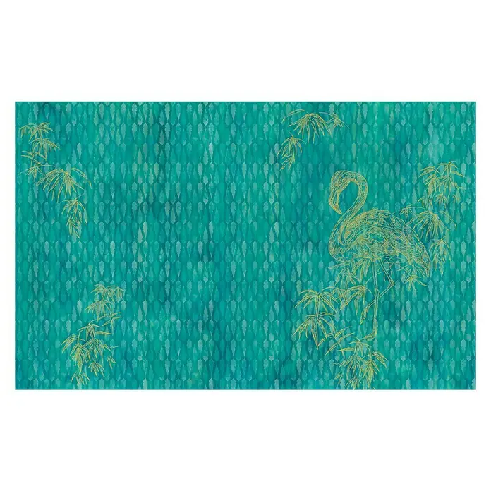 Komar Infinity Fototapete Wild Flamingo - 4 -tlg., B x H: 400 x 250 cm, Vlies - Eine stilvolle Wanddekoration mit einem eleganten Flamingo-Motiv und goldenen Bambusblättern auf türkisfarbenem Hintergrund.
