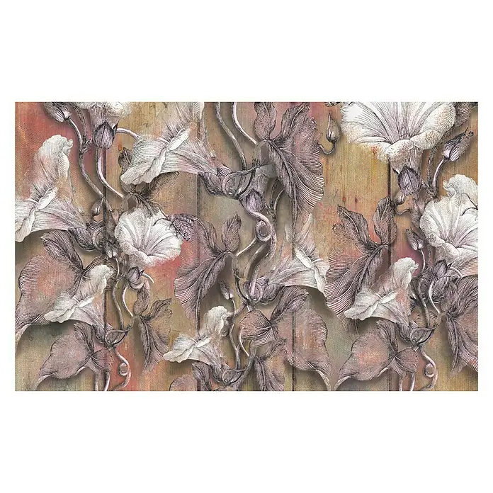 Komar Infinity Fototapete Bloomin - 4 -tlg., B x H: 400 x 250 cm, Vlies - Ein dekoratives Paneel mit einem floralen Muster aus stilisierten Windeblüten in sanften Farbnuancen auf Holzstruktur.