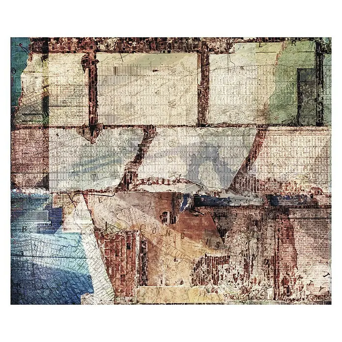 Komar Infinity Fototapete Urban Art - 3 -tlg., B x H: 300 x 250 cm, Vlies - Fassade aus Ziegeln und Kartenfragmenten, die ein Gefühl von Vergänglichkeit vermittelt. Einzigartige Textur für jeden Raum.