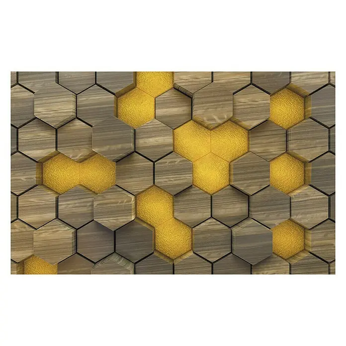 Komar Infinity Fototapete Woodcombo Live - 4 -tlg., B x H: 400 x 250 cm, Vlies - Eine faszinierende Wanddekoration mit sechseckigen Holzpaneelen und goldenen Akzenten, die ein stilvolles und modernes Ambiente schafft.