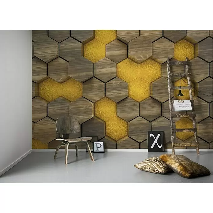 Komar Infinity Fototapete Woodcombo Live - 4 -tlg., B x H: 400 x 250 cm, Vlies - Fototapete mit 3D-Holz-Sechseckmuster und goldenen Glitzerakzenten als moderne Wandgestaltung.