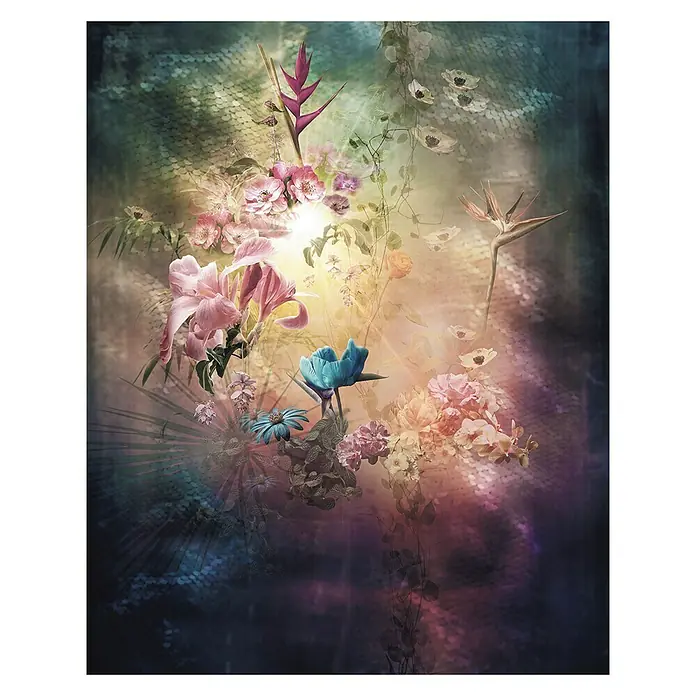 Komar Infinity Fototapete Enlightenment - 2 -tlg., B x H: 200 x 250 cm, Vlies - Buntes Blumenarrangement mit tropischen Elementen, inklusive Lilien, Helikonien und Paradiesvogelblumen, vor einem dunklen Hintergrund.
