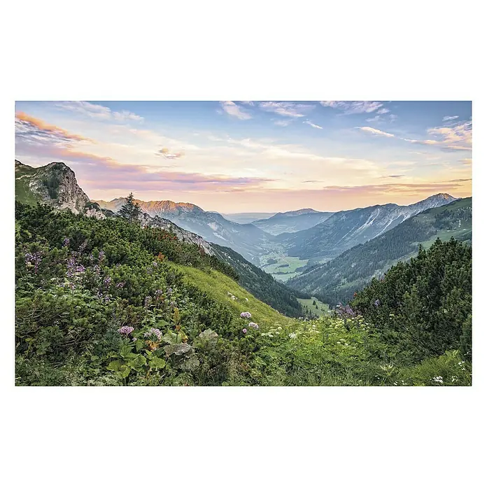 Komar Stefan Hefele Edition 1 Fototapete Alps - 4 -tlg., B x H: 400 x 250 cm, Vlies - Malerische Aussicht auf ein Bergpanorama mit üppiger Vegetation und sanften Farbtönen im Abendlicht.
