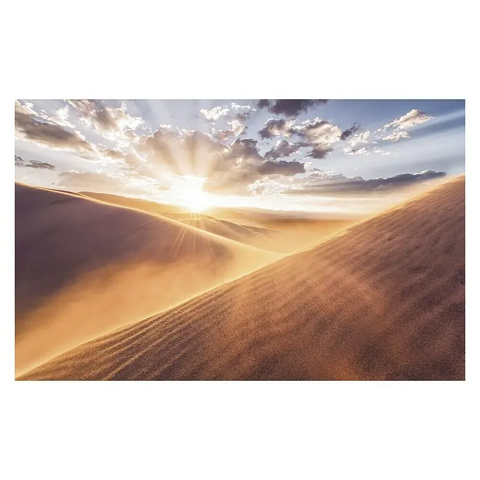 Komar Stefan Hefele Edition 1 Fototapete Gently Touched - 4 -tlg., B x H: 400 x 250 cm, Vlies - Wüstenlandschaft mit Sanddünen im goldenen Licht. Die Sonne scheint hell durch die Wolken und erzeugt einen strahlenden Effekt.