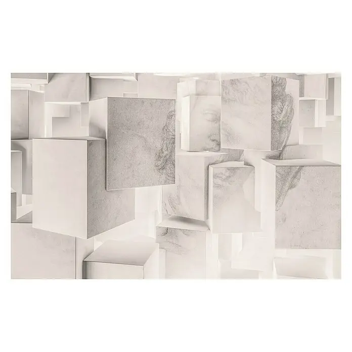 Komar Infinity Fototapete Cleopatra - 4 -tlg., B x H: 400 x 250 cm, Vlies - Abstrakte Kunstinstallation mit weißen und grauen Würfeln, einige mit Gesichtern, die ein modernes und elegantes Design präsentieren.