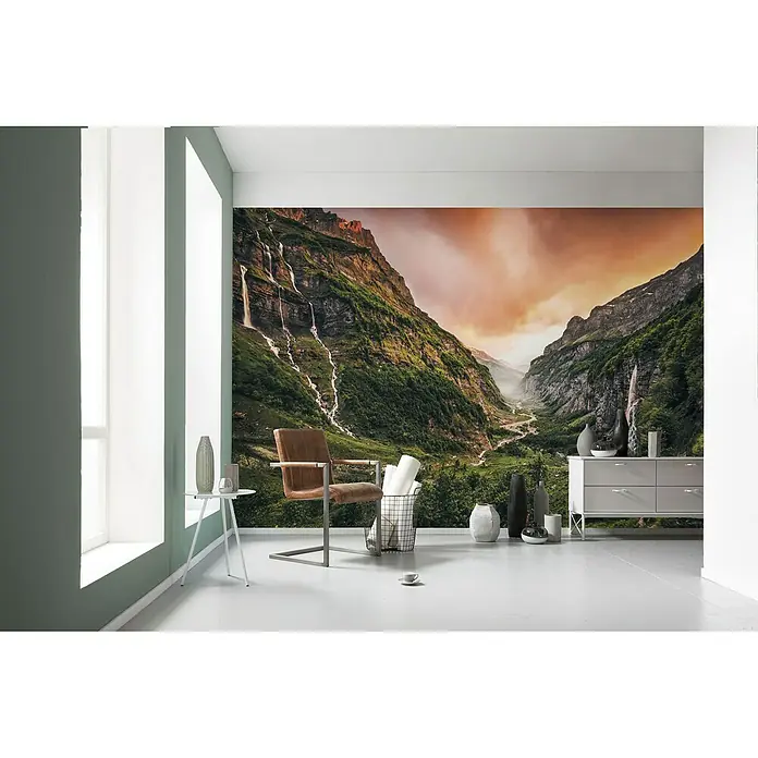 Komar Stefan Hefele Edition 1 Fototapete Eden Valley - 4 -tlg., B x H: 400 x 250 cm, Vlies - Wandbild mit einem atemberaubenden Bergtal, das eine friedliche und einladende Raumatmosphäre schafft.