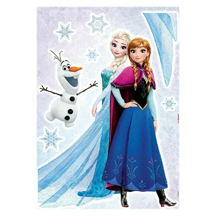 Komar Disney Edition 4 Dekosticker Frozen Sisters - 8 -tlg., Bunt - Poster mit den Eiskönigin Figuren Elsa, Anna und Olaf auf einem eisigen Hintergrund mit Schneeflocken.