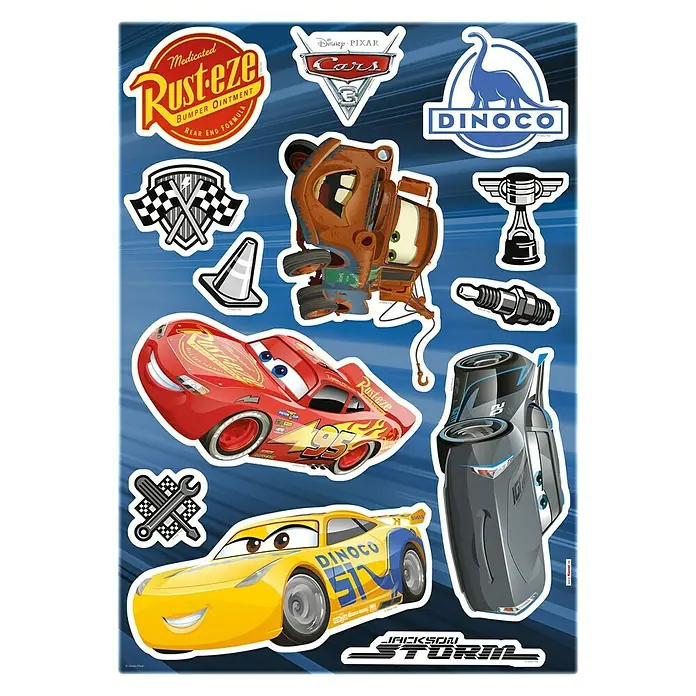 Komar Disney Edition 4 Dekosticker Cars S3 - 13 -tlg., Bunt - Aufkleberbogen mit diversen Cars-Motiven, darunter Lightning McQueen, Mater, Jackson Storm und verschiedene Logos.