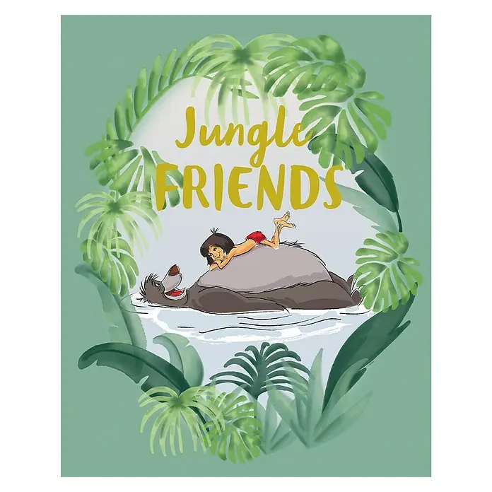 Komar Disney Edition 4 Poster Jungle Book Friends - Disney, B x H: 40 x 50 cm - Illustration von Mowgli, der auf Balu in einem Dschungel-Freunde-Design liegt, umgeben von tropischen Blättern.