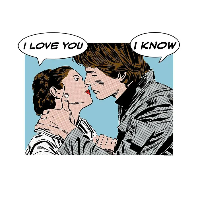 Komar Star Wars Poster Comic Quote Leia Han - Star Wars, B x H: 40 x 30 cm - Star Wars Kunstdruck: Leia sagt "Ich liebe dich", Han antwortet "Ich weiß". Pop-Art-Stil mit Sprechblasen.