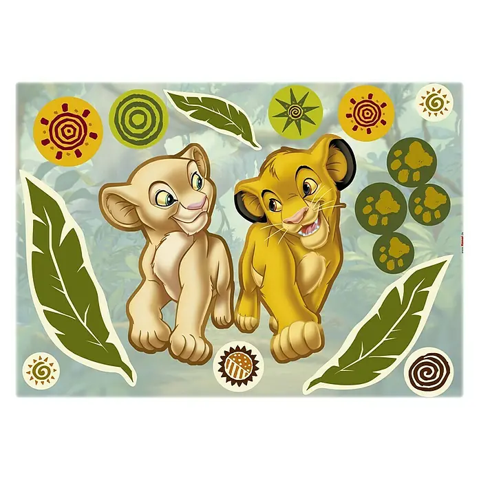 Komar Disney Edition 4 Dekosticker Simba & Nala - 17 -tlg., Bunt - Ein Wandtattoo mit Motiven aus König der Löwen, darunter Simba, Nala, Blätter und afrikanische Symbole, für Kinderzimmerdekorationen.