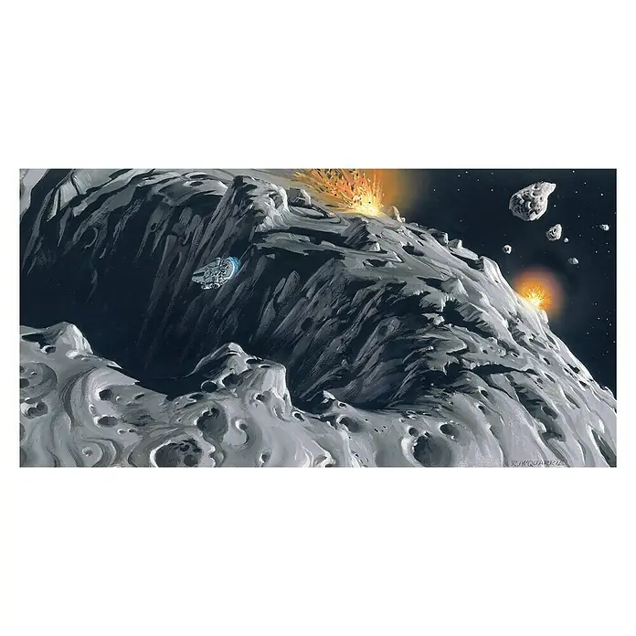 Komar Star Wars Fototapete RMQ Asteroid - 10 -tlg., B x H: 500 x 250 cm, Vlies - Raumschiff fliegt über Asteroid mit Explosionen. Das Bild zeigt eine spannende Szene im Weltraum.