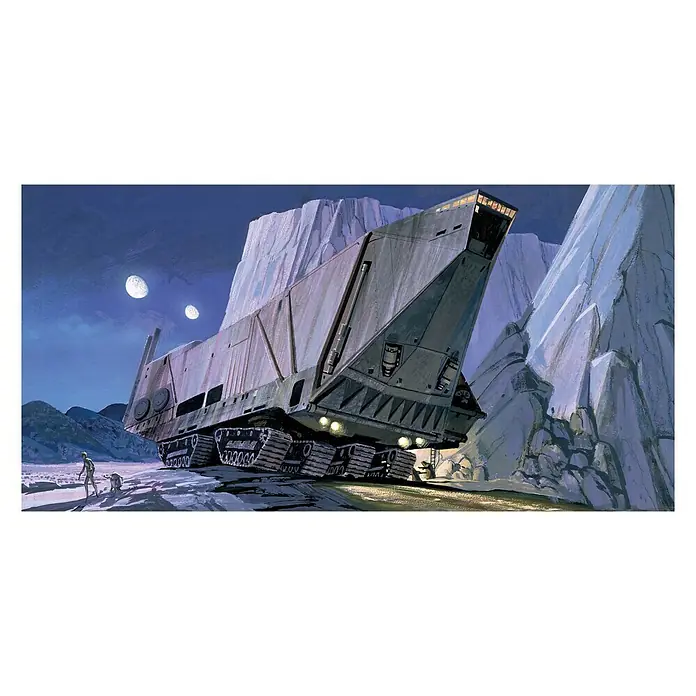 Komar Star Wars Fototapete RMQ Sandcrawler - 10 -tlg., B x H: 500 x 250 cm, Vlies - Illustration eines Sandkriechers, einem Kettenfahrzeug auf einem Wüstenplaneten mit zwei humanoiden Figuren davor.