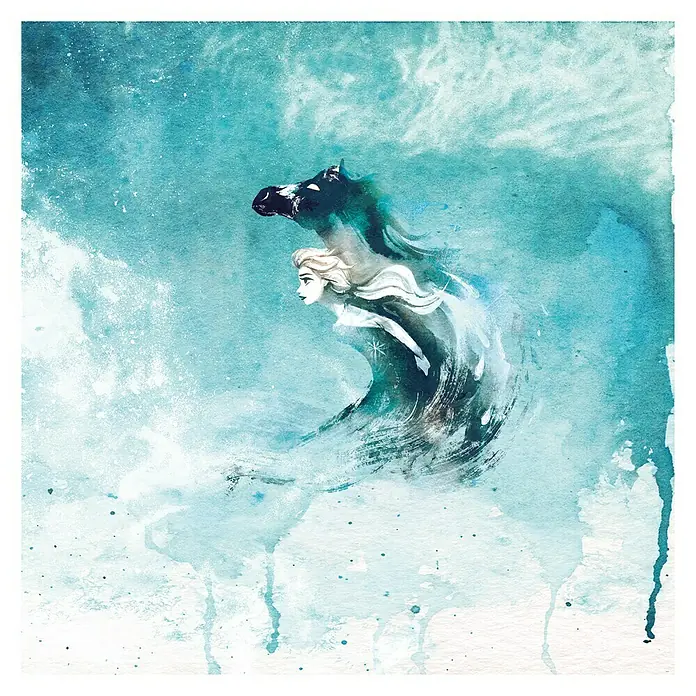 Komar Disney Edition 4 Fototapete Frozen Spirit of Wonder - 5 -tlg., B x H: 250 x 250 cm, Vlies - Aquarell-Illustration von Elsa und dem Wassergeist Nokk aus "Die Eiskönigin 2" in einem dynamischen, fließenden Design.